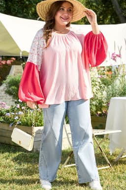 image-Plus Size Floral Patchwork Long Sleeve Blouse - Pink