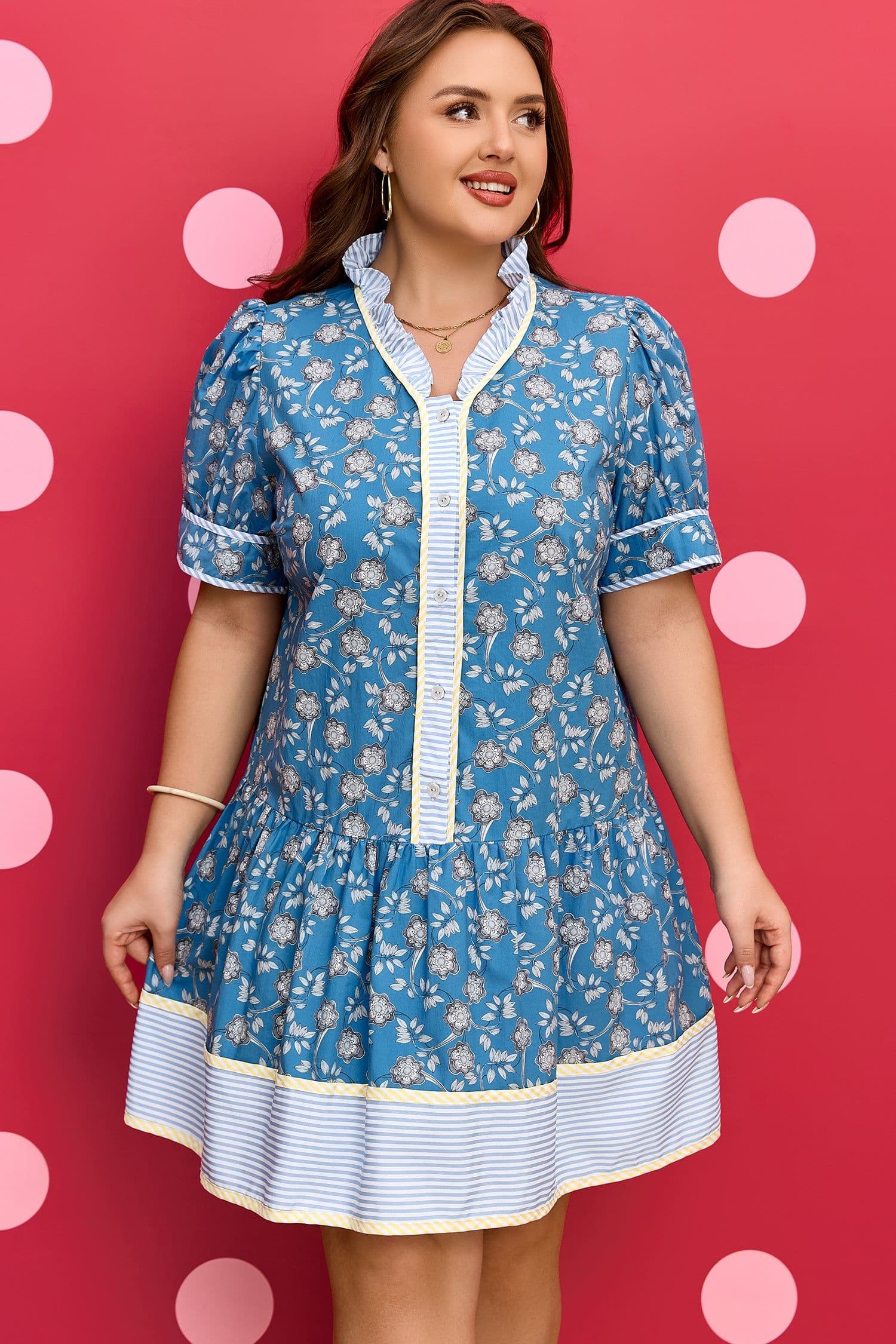 image-Blue Plus Size Floral Print Striped Patchwork Detail Button Front Ruffle Hem Dress