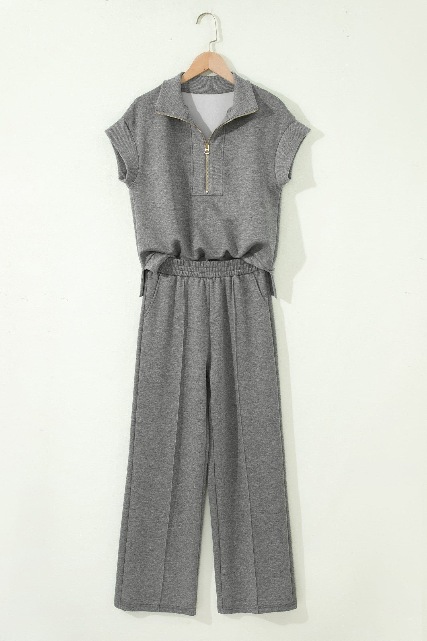 image-Light Grey Half Zip Polo Tee Casual Pant Set