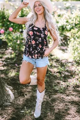 image-Black Floral Spaghetti Straps Strappy Back Tank Top