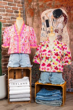 image-Pink Floral Blouse - Frilled V Neck Puff Sleeve