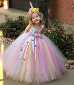 image-Children's Dress Colorful Candy Mesh Dress Unicorn Headband Lined Girls Tutu Skirt