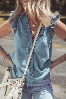 image-Beau Blue Chambray Tank Top Ruffle Trim