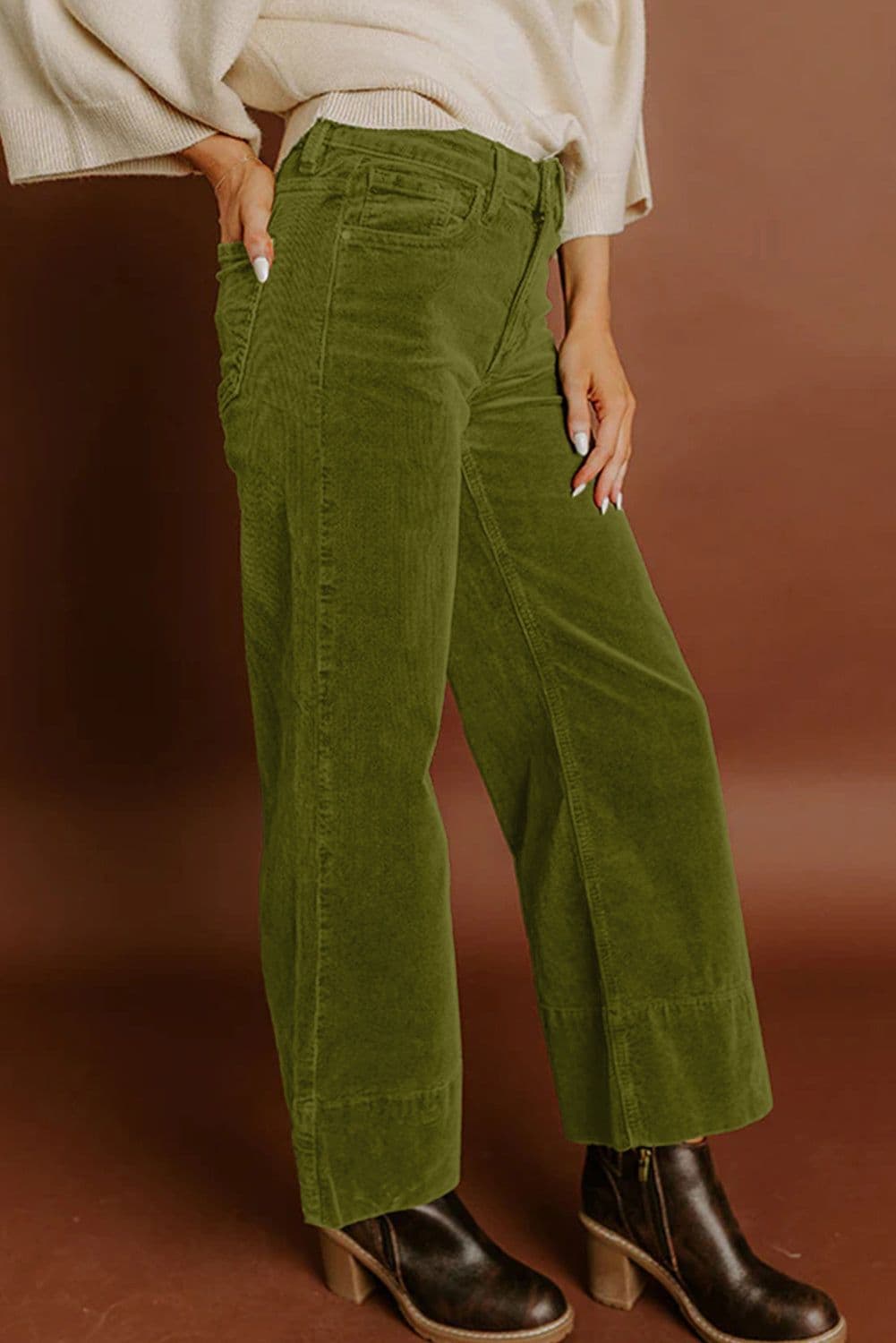 image-Burgundy Corduroy High Waist Wide Leg Pants