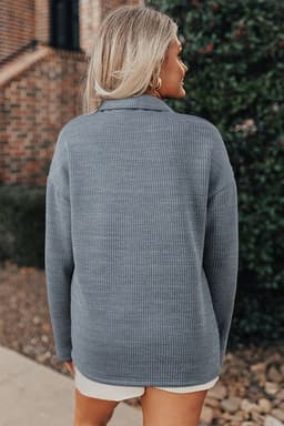 image-Medium Grey Ribbed Knit Shacket - Button Front