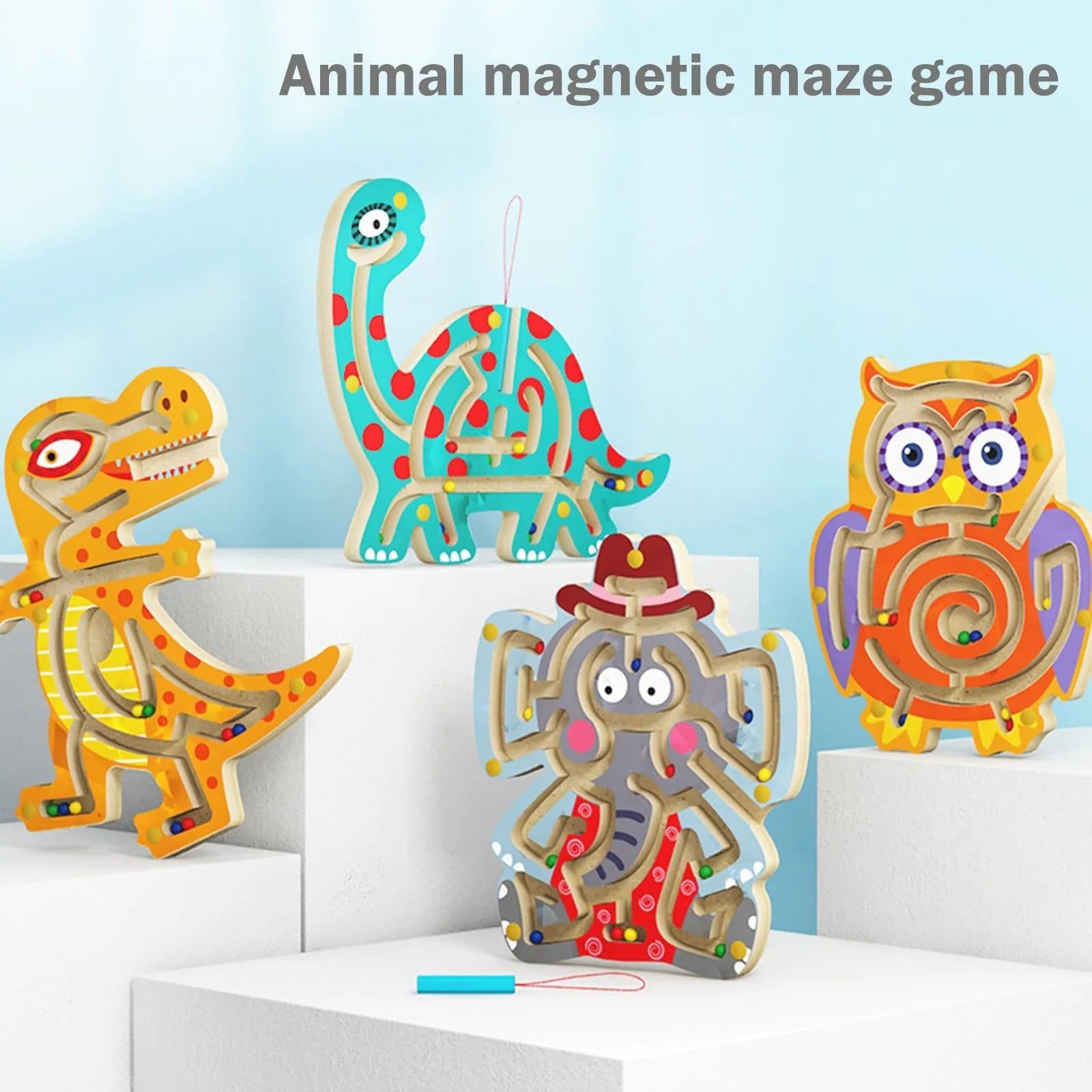 image-Wooden Animal Magnetic Pen Maze Game Toy Magnetic Golfer Eye Coordination Intelligence Early Education Toy Montessori