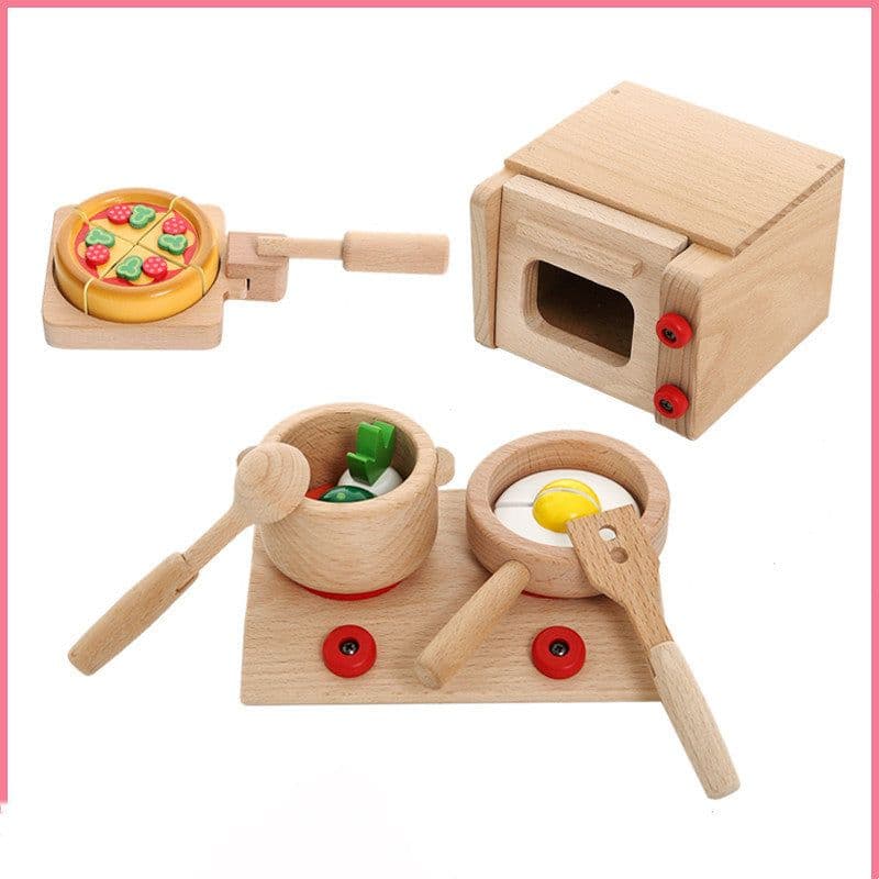 image-1-6 Years Old Solid Wood Wooden Simulation Microwave Oven Gas Stove Cooking Play House Toy