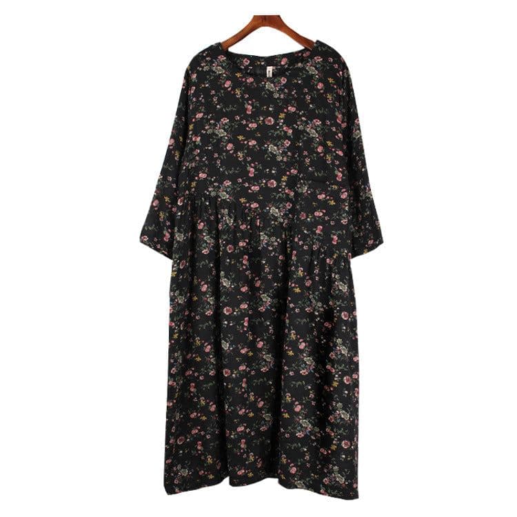 image-Jane Cotton Dress - Black Floral Autumn Pleated