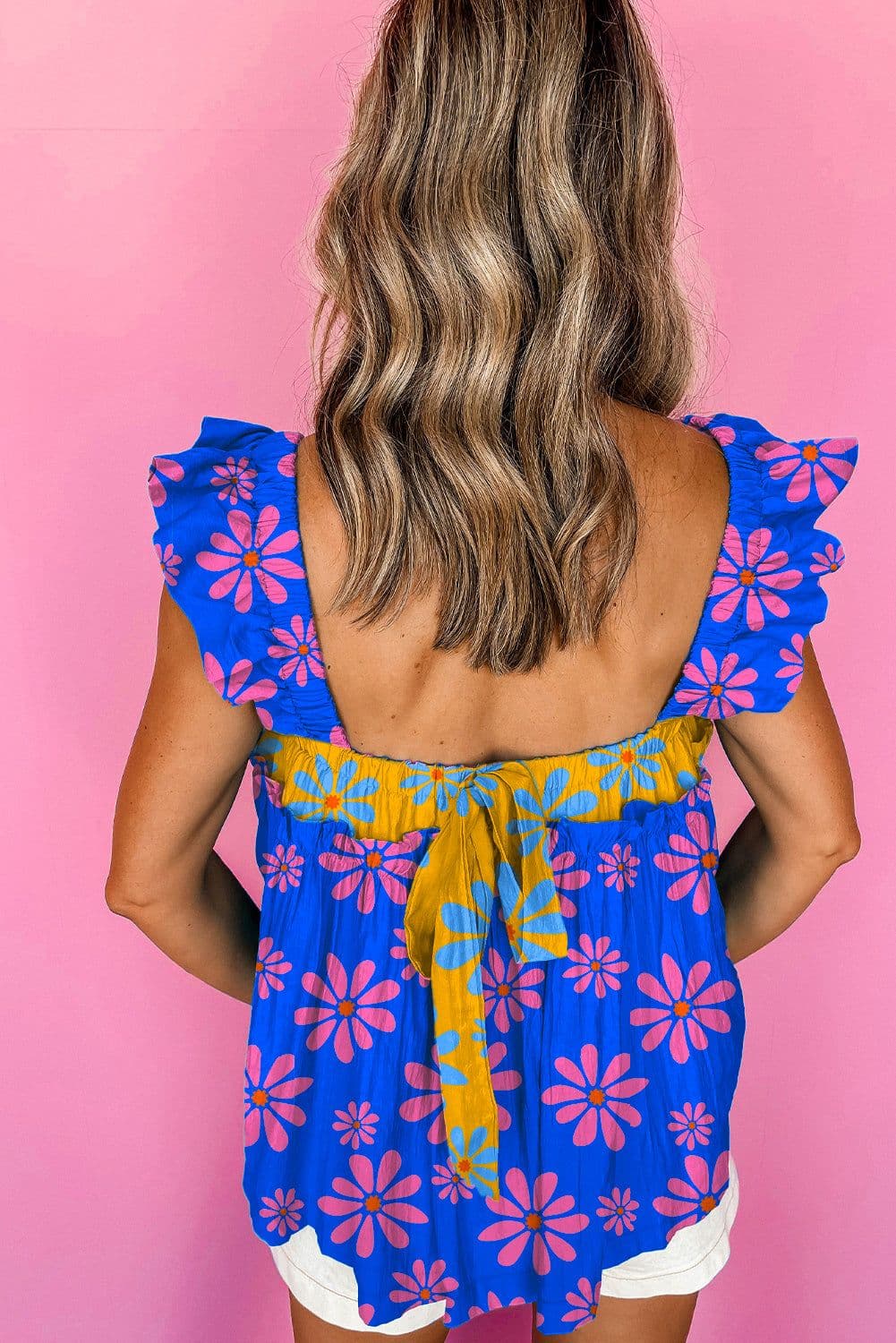 image-Blue Floral Colorblock Flutter Strap Tank Top