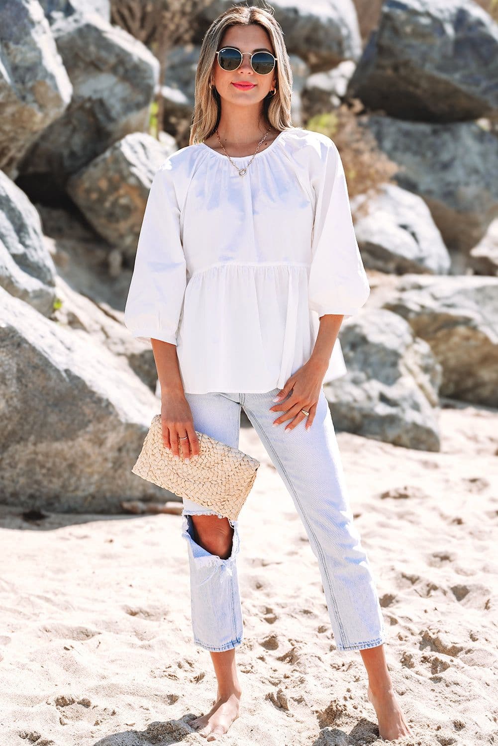 image-White Bow Knot Cutout Back Loose Fit 3/4 Sleeve Blouse