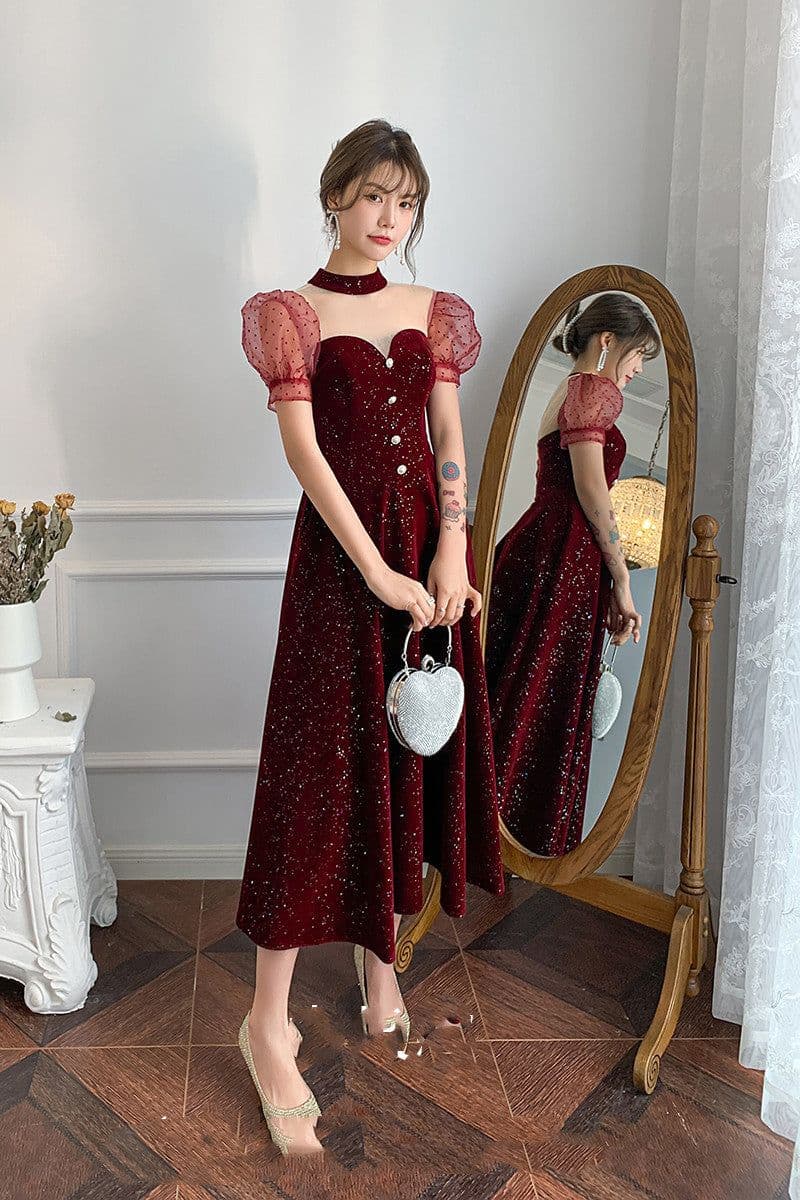 image-Noble Wine Red Velvet Toast Bridal Gown