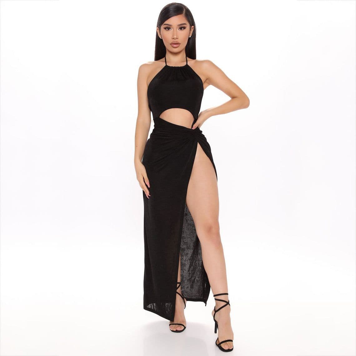 image-Women's Sexy Fashion Halter Neck Cutout Lace-Up Long Skirt