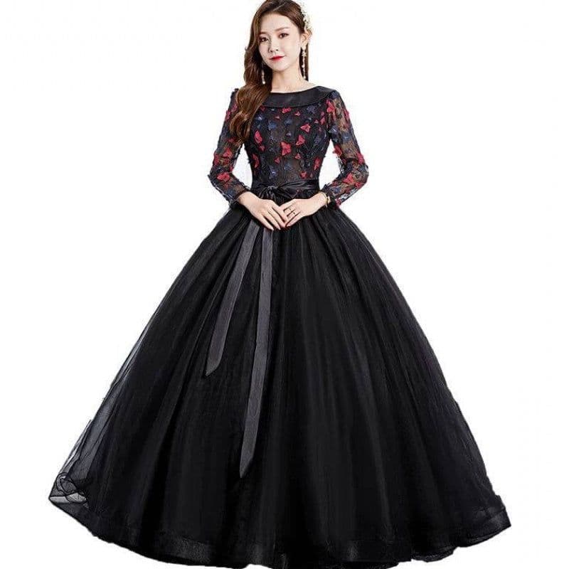 image-Black Park Collar Evening Dress Solo Host Performance, Pettiskirt Long Female