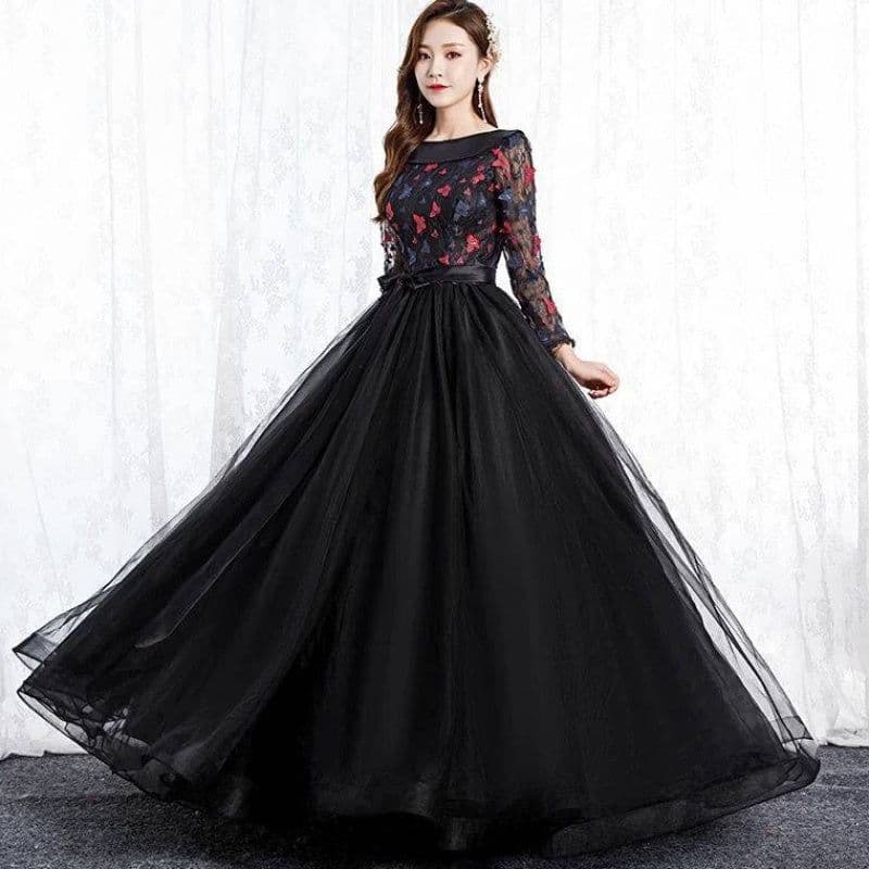 image-Black Park Collar Evening Dress Solo Host Performance, Pettiskirt Long Female