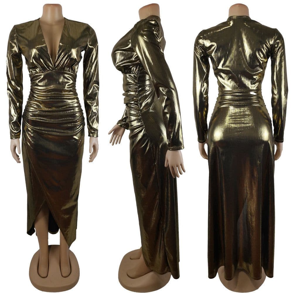 image-Long Sleeve Sexy Pit Strip Hot Stamping Irregular Long Dress