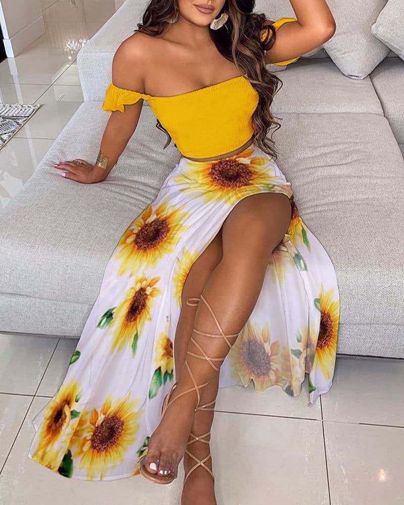 image-Summer Slim French Bohemian Print Mid-Length Retro Tube Top Suit Dress Women