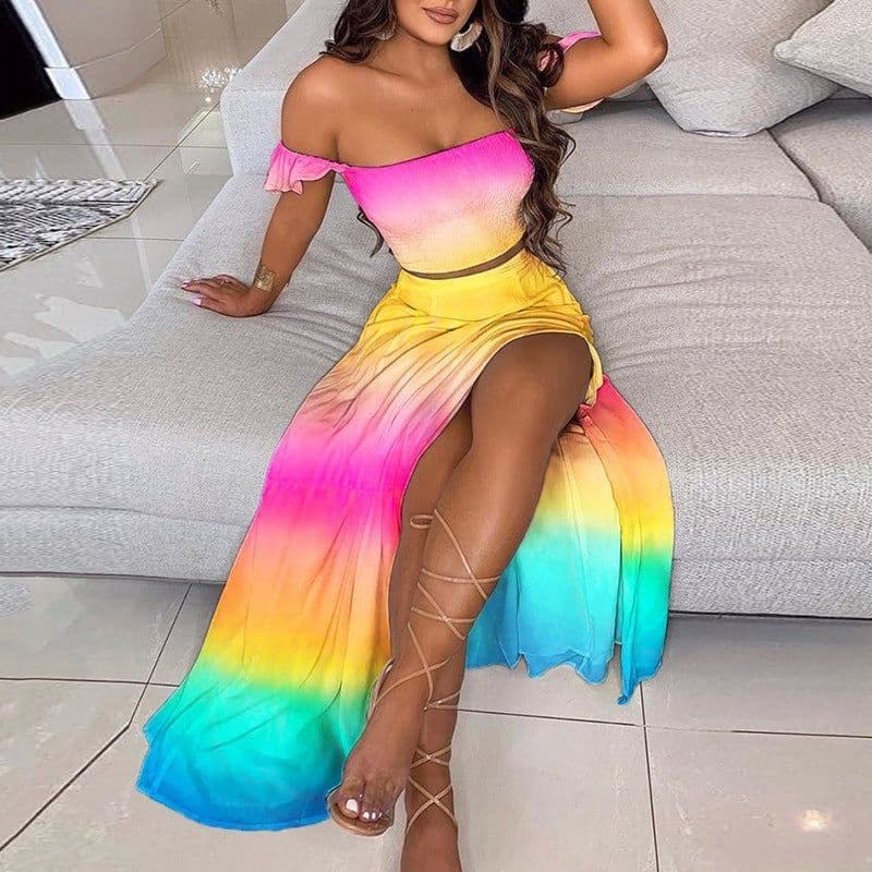 image-Summer Slim French Bohemian Print Mid-Length Retro Tube Top Suit Dress Women