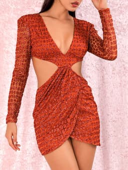 image-Long Sleeve Mini Skirt Orange Deep V-neck Hot Piece Party Dress