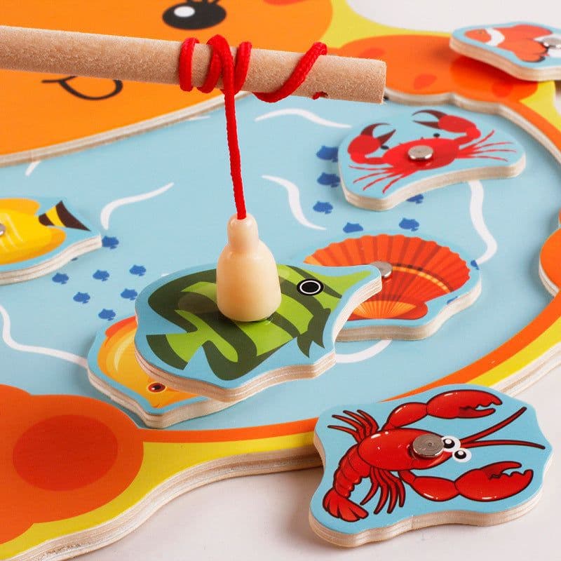image-Wooden Children's Double Rod Magnetic Frog Kitten Fishing Educational Toys