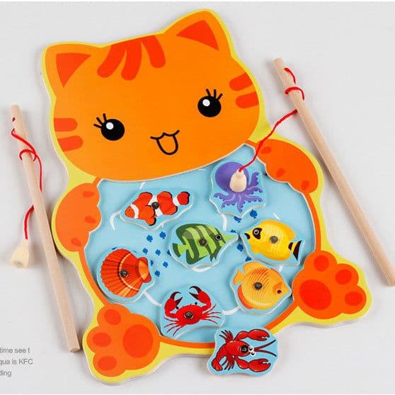 image-Wooden Children's Double Rod Magnetic Frog Kitten Fishing Educational Toys