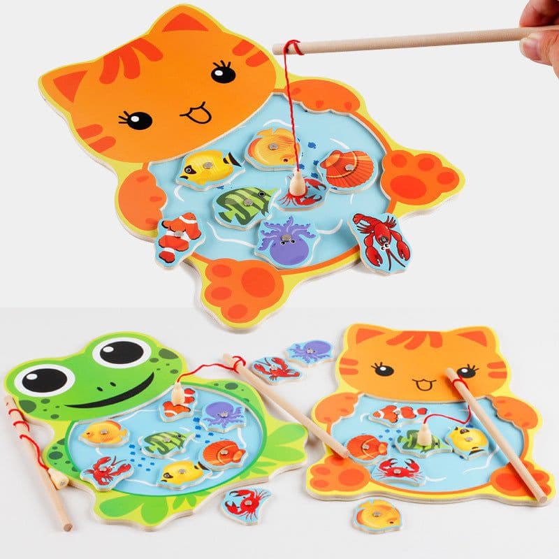 image-Wooden Children's Double Rod Magnetic Frog Kitten Fishing Educational Toys