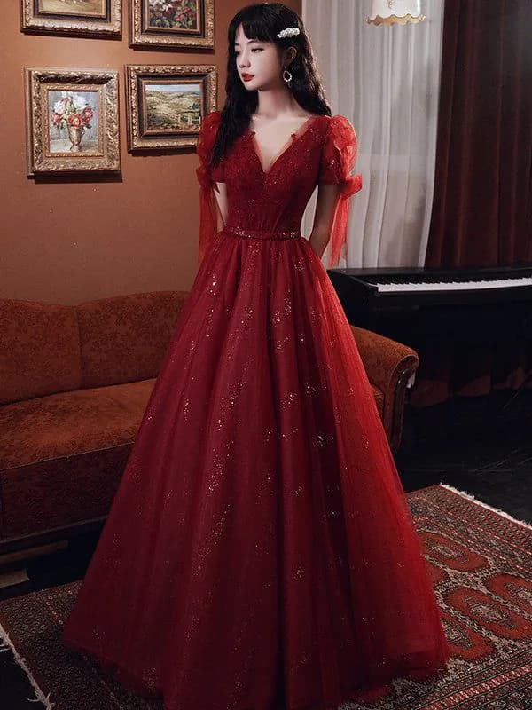 image-Female Wine Red Banquet Temperament Dress