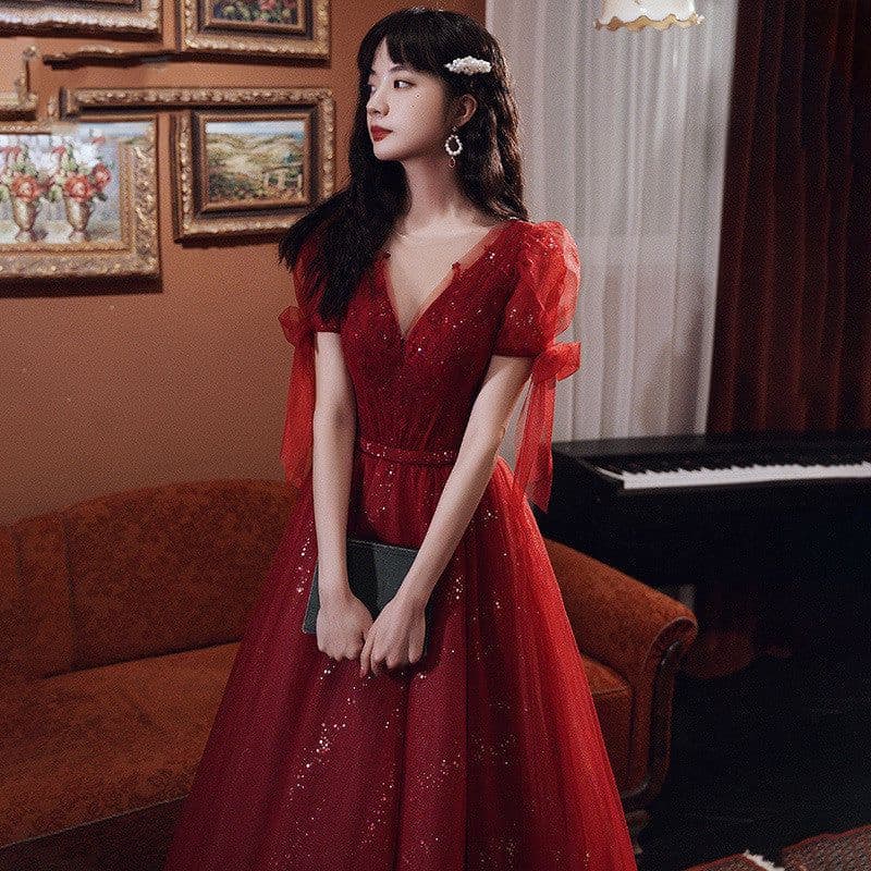image-Female Wine Red Banquet Temperament Dress
