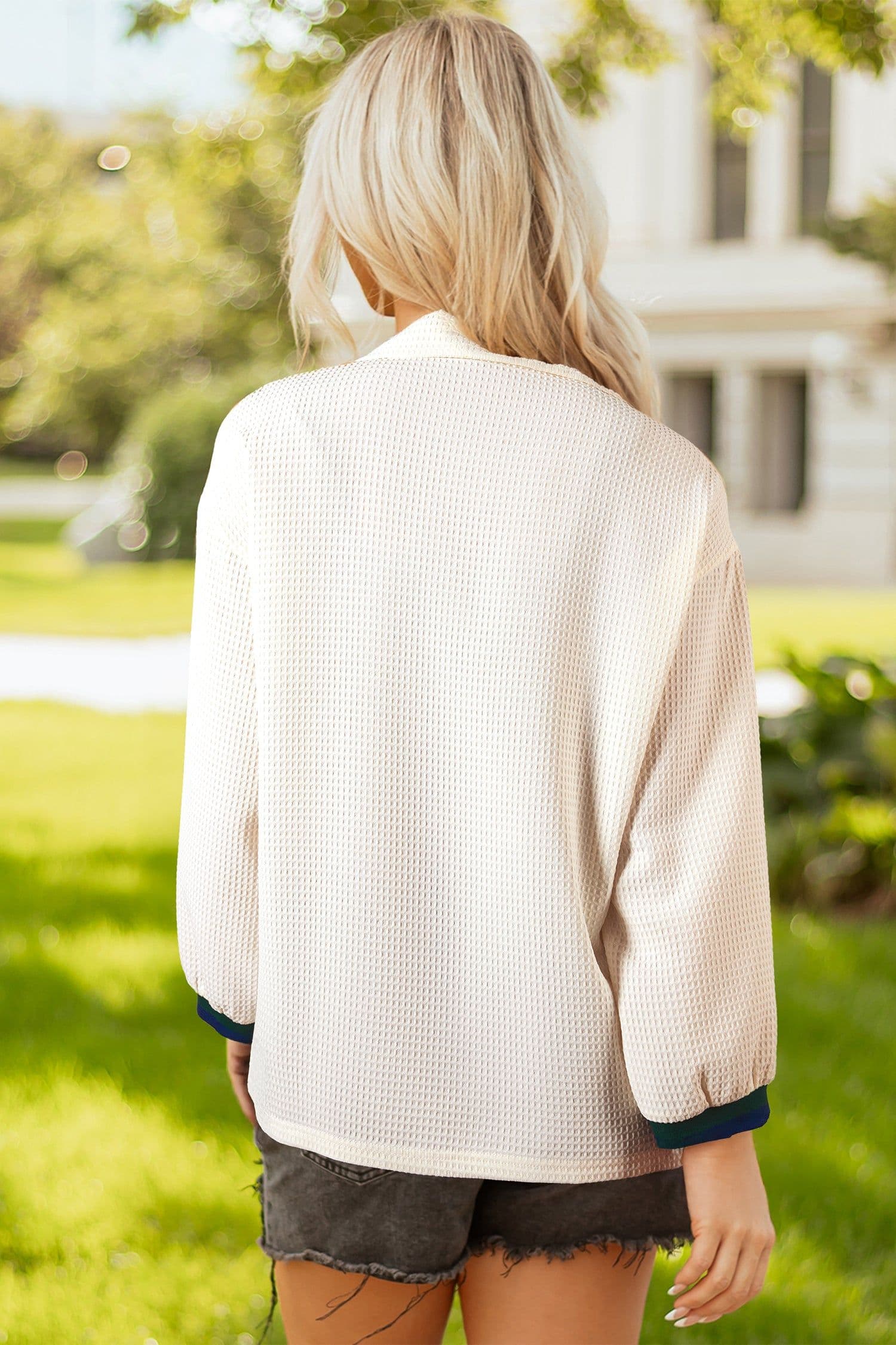 image-White Waffle Textured Contrast Polo Neck Zip up Jumper