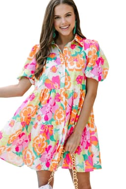 image-Pink Floral Puff Sleeve Collar Buttoned Babydoll Dress