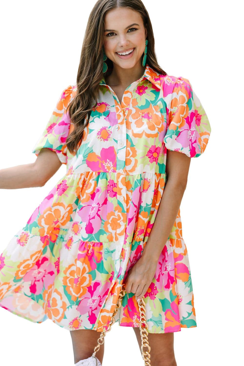 image-Pink Floral Puff Sleeve Collar Buttoned Babydoll Dress