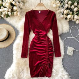 image-V-neck waist pack buttock gold velvet long sleeve skirt