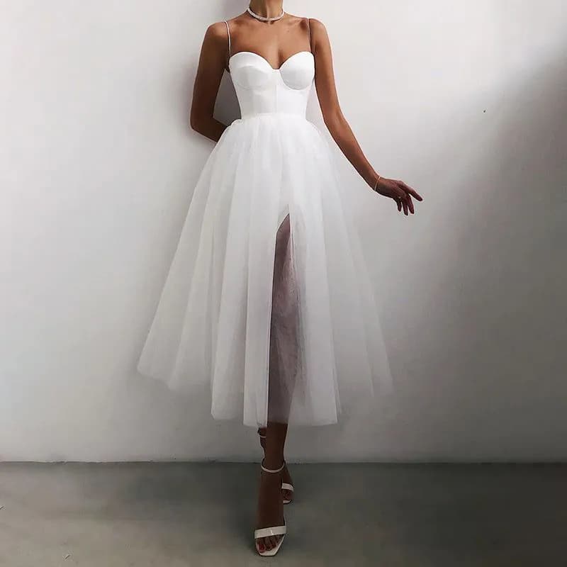 image-Pure Color Mesh French Retro Dress European And American Tube Top Suspender Skirt