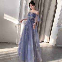 image-One-Shoulder Noble Temperament Starry Sky Birthday Bride Toast Dress Long