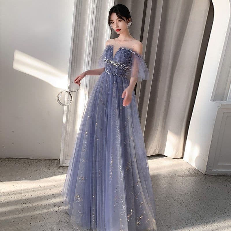image-One-Shoulder Noble Temperament Starry Sky Birthday Bride Toast Dress Long