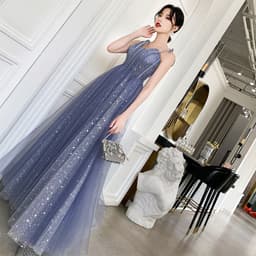 image-One-Shoulder Noble Temperament Starry Sky Birthday Bride Toast Dress Long