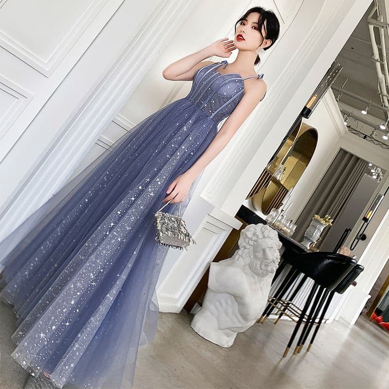 image-One-Shoulder Noble Temperament Starry Sky Birthday Bride Toast Dress Long