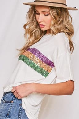 image-Black Sequin Stripes Patchwork Mardi Gras Crew Neck T Shirt