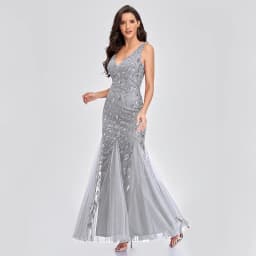 image-Sexy Long Dress Sleeveless V-neck Embroidered Sequin Slim Mermaid Dress