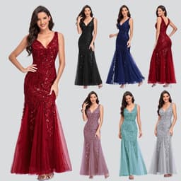 image-Sexy Long Dress Sleeveless V-neck Embroidered Sequin Slim Mermaid Dress