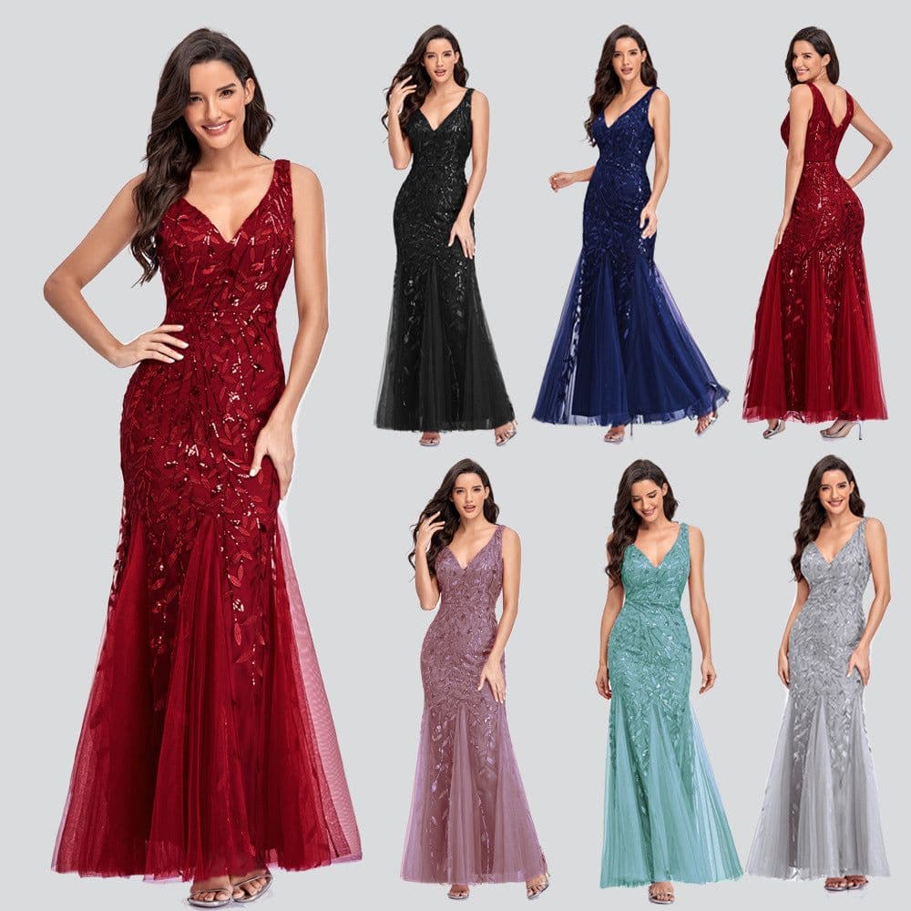 image-Sexy Long Dress Sleeveless V-neck Embroidered Sequin Slim Mermaid Dress