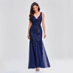 image-Sexy Long Dress Sleeveless V-neck Embroidered Sequin Slim Mermaid Dress