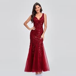 image-Sexy Long Dress Sleeveless V-neck Embroidered Sequin Slim Mermaid Dress