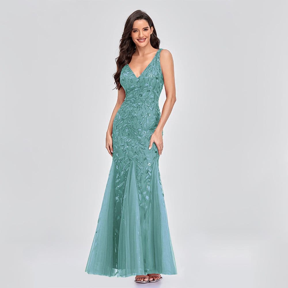 image-Sexy Long Dress Sleeveless V-neck Embroidered Sequin Slim Mermaid Dress