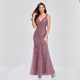 image-Sexy Long Dress Sleeveless V-neck Embroidered Sequin Slim Mermaid Dress