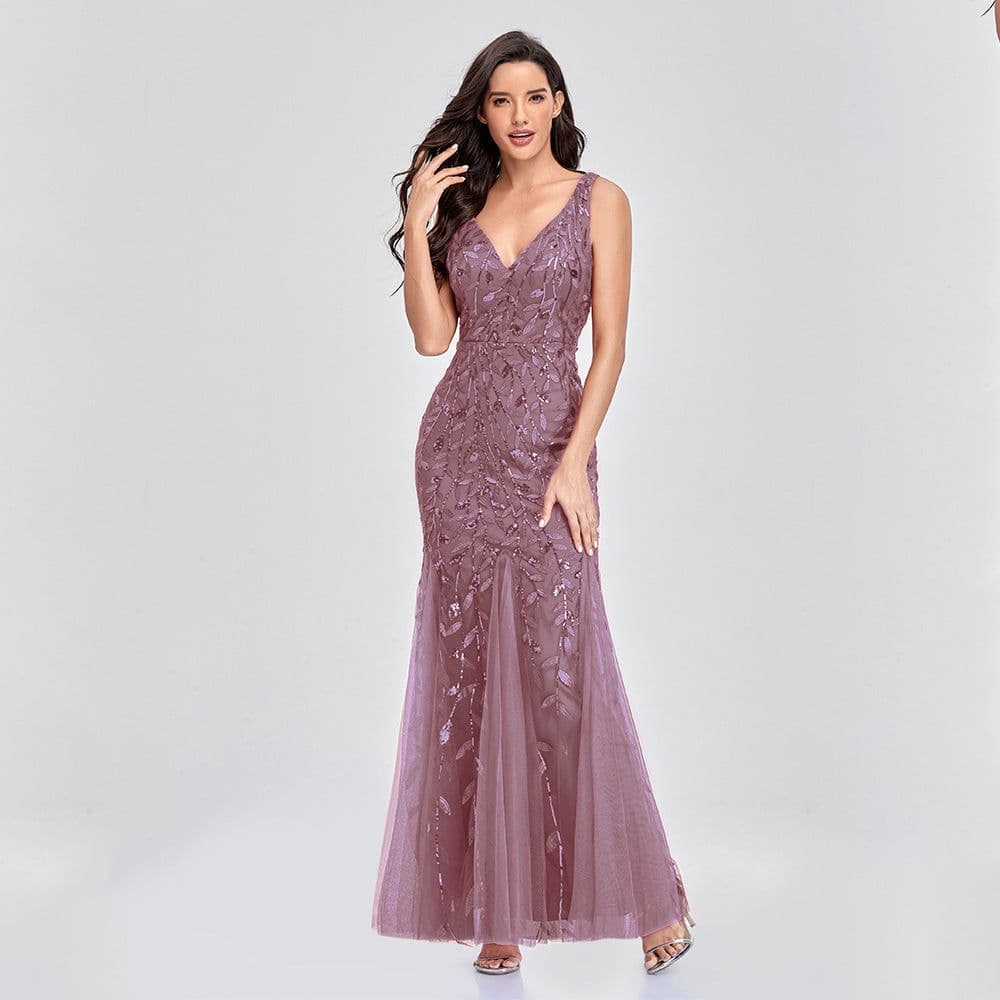 image-Sexy Long Dress Sleeveless V-neck Embroidered Sequin Slim Mermaid Dress