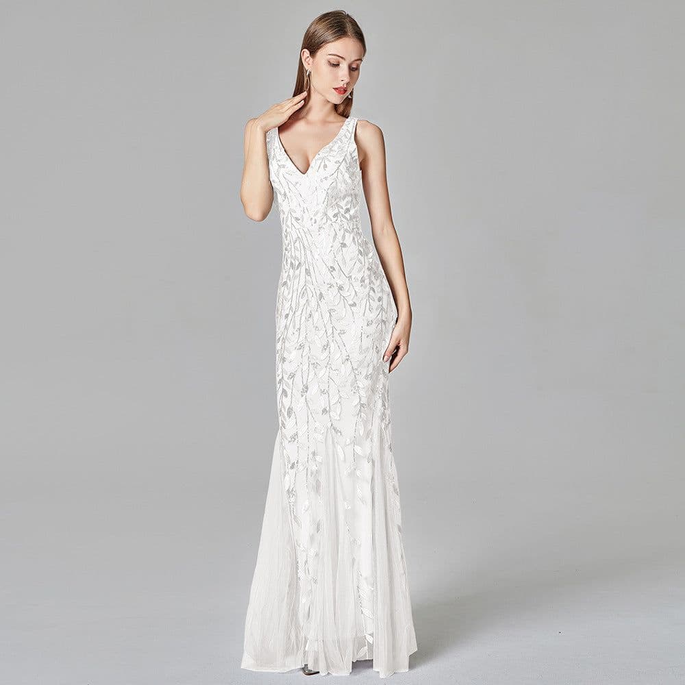 image-Sexy Long Dress Sleeveless V-neck Embroidered Sequin Slim Mermaid Dress