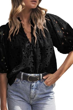 image-White Flower Embroidered Hollow-out Puff Sleeve Blouse