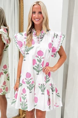 image-White Floral Print V Neck Mini Dress Scalloped Trim