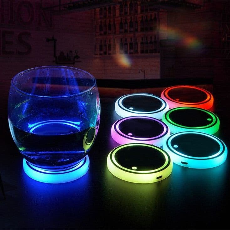 image-Colorful Cup Holder LED Light-up Coaster Solar & USB Charging Non-slip Coaster Ambient Light For Car Automatically
