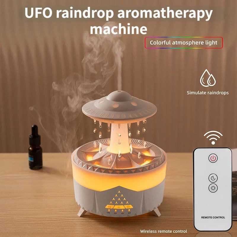image-New UFO Raindrop Humidifier Water Drop Air Humidifier USB Aromatherapy Essential Oils Aroma Air Diffuser Household Mist Maker Home Decor